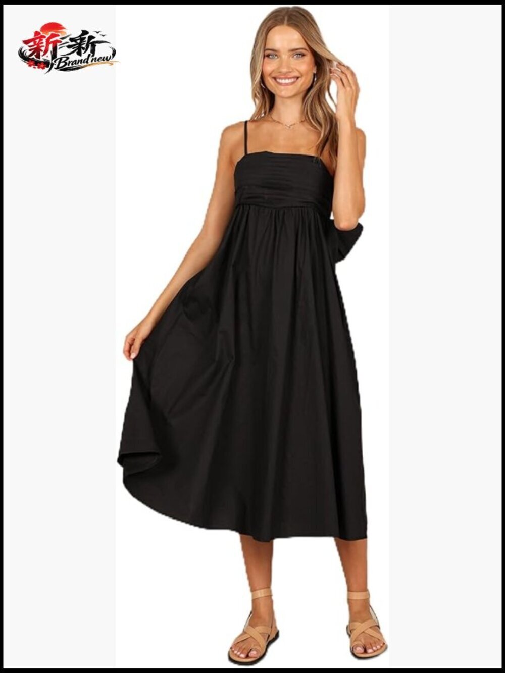 Cotton Midi Dress with Back Bow Tie, Square Neck, Sleeveless